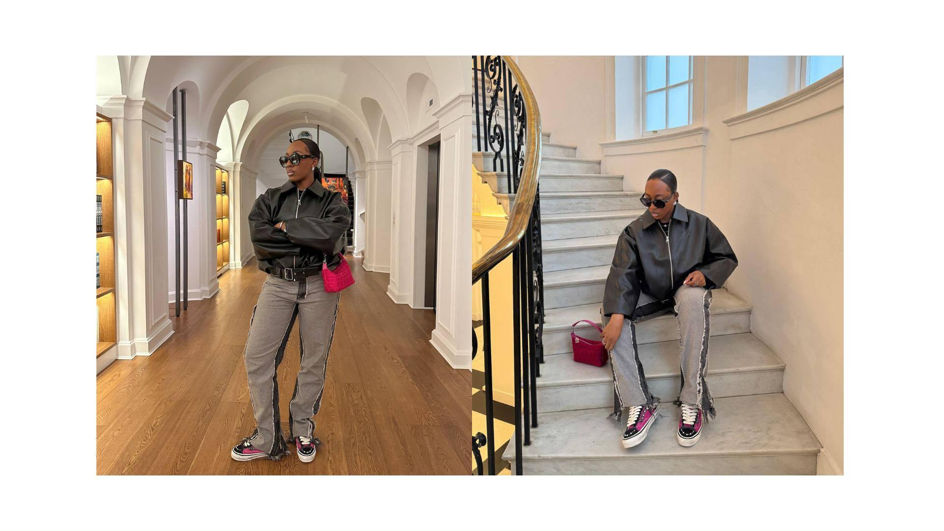 missdemsxo styling Vans Old Skool pearlised pink black colourway against staircase and gallery hall background