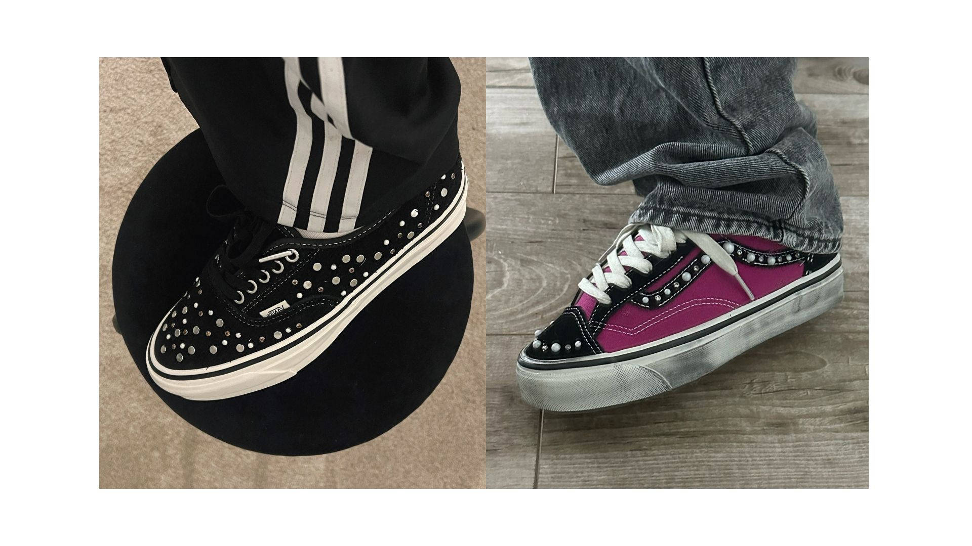 Vans bejewelled colourways 2025 on foot shots paired with adidas track pant and baggy grey acid wash denim