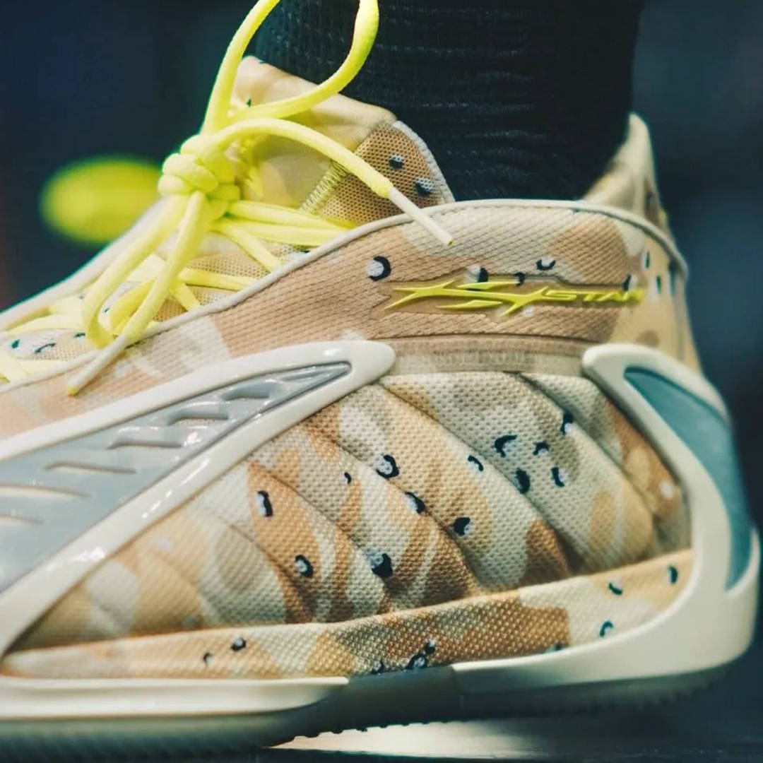 Hellstar x adidas Anthony Edwards 2 Desert Camo Lime on foot heel