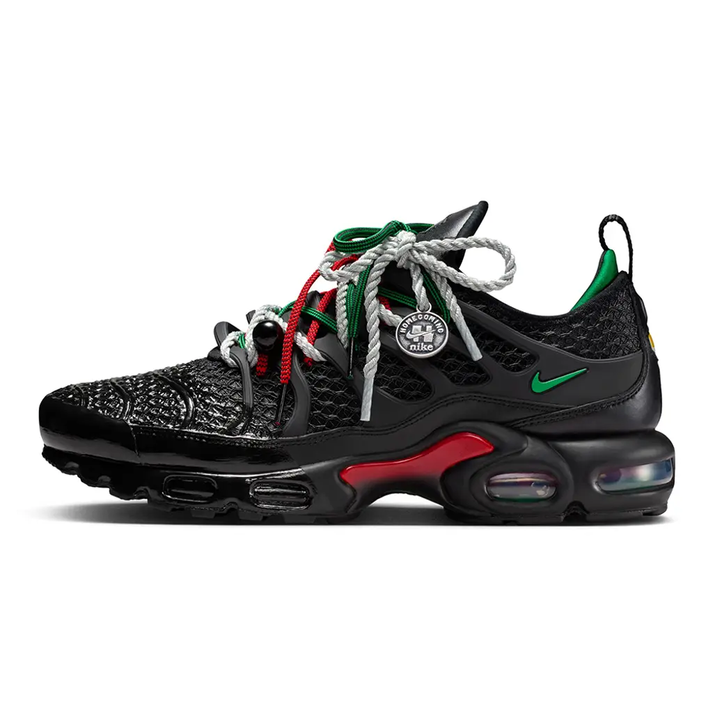 HOMECOMING x Nike Air Max Plus Pan-African lateral view showing black red green wavy upper and cage construction