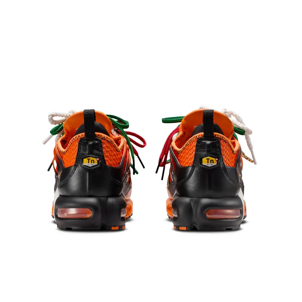 HOMECOMING x Nike Air Max Plus African Sunrise heel detail showing orange Swoosh and Tuned Air heel units