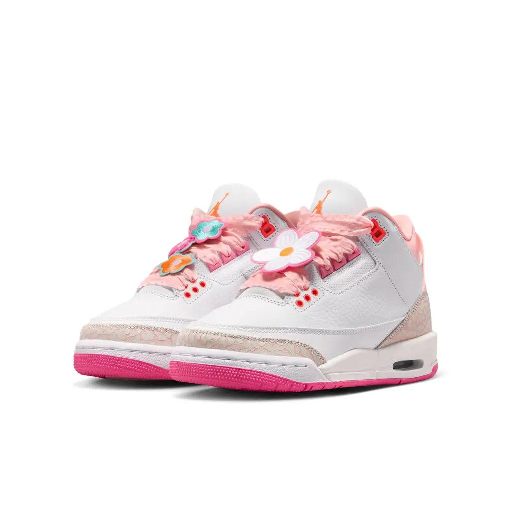 Air Jordan 3 Spring Floral GS hero image showing white leather upper with pink accents and floral lace accessory