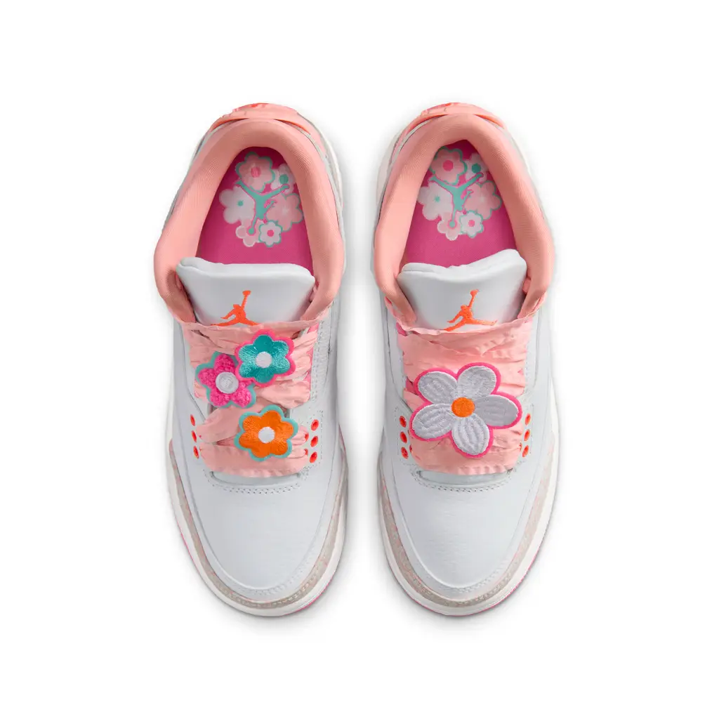 Air Jordan 3 Spring Floral GS top view showing floral lace charm detail