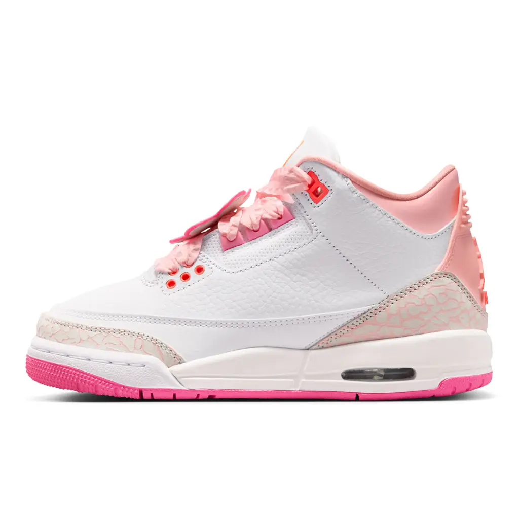 Air Jordan 3 Spring Floral GS lateral view showing white leather upper and pink accents