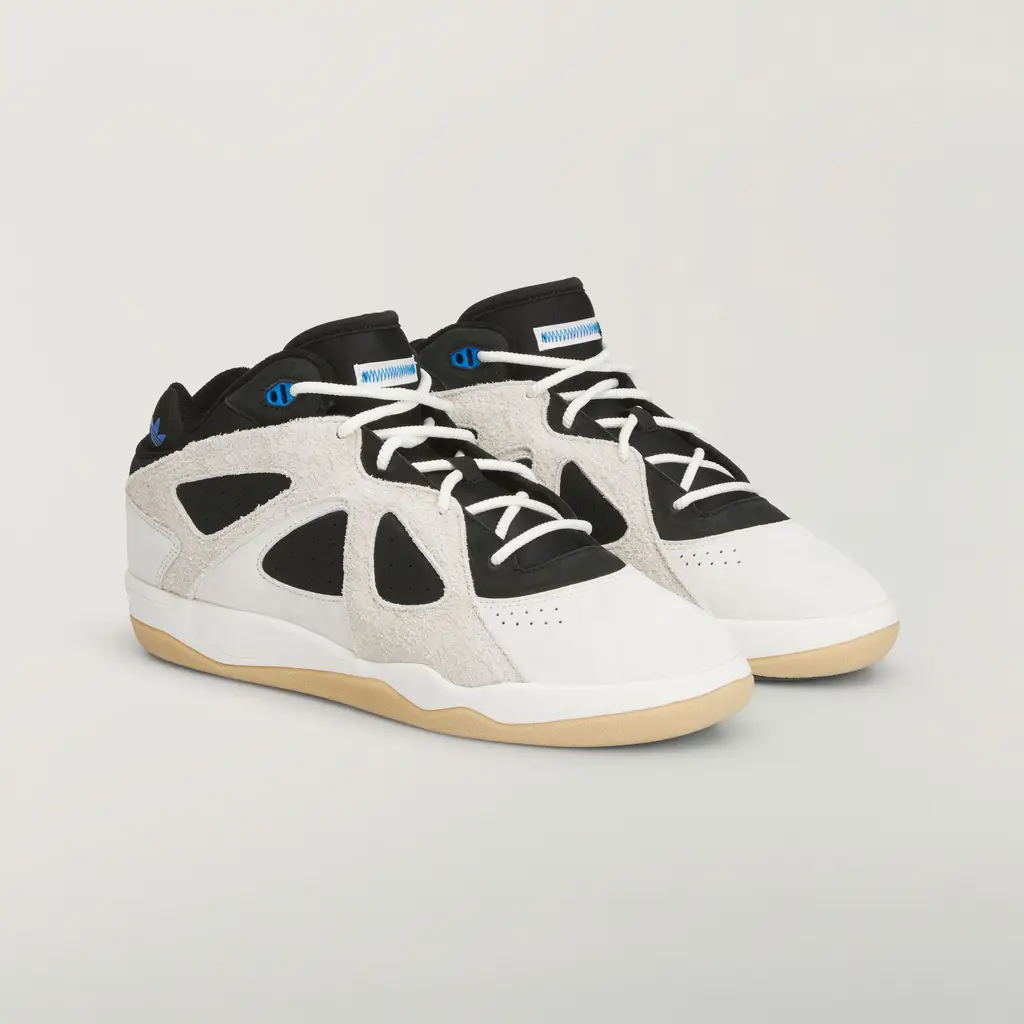 Bad Bunny x adidas BadBo 1.0 Rise JS3886 hero image showing off white suede upper with black mesh and royal blue trim