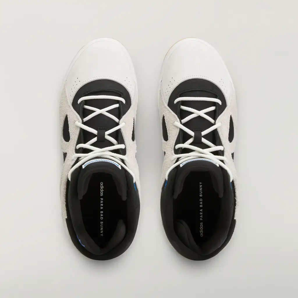 Bad Bunny x adidas BadBo 1.0 Rise top down view showing off white suede panels and blue tongue stitching
