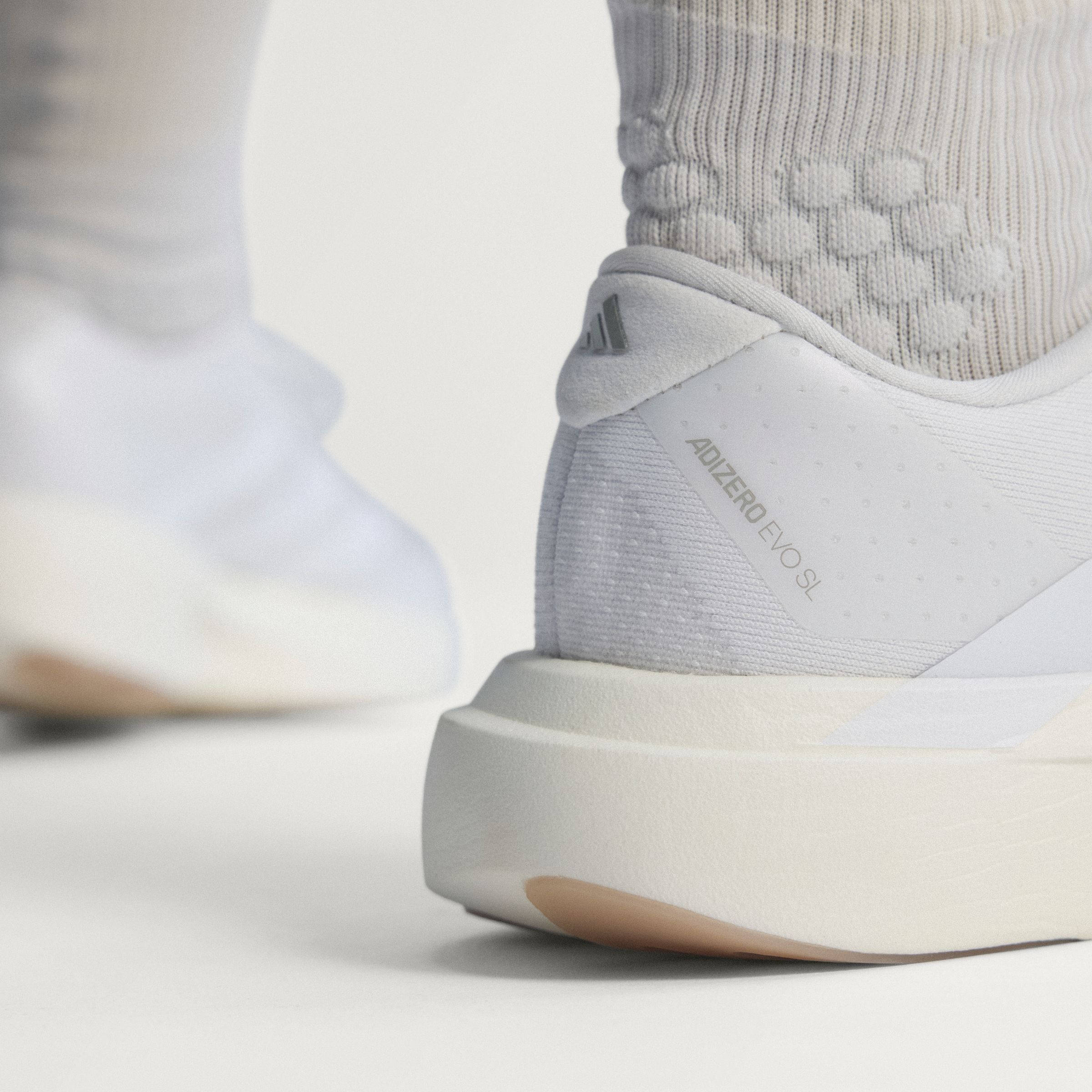 adidas Adizero Evo SL White Warm Sandstone KI9440 on foot heel