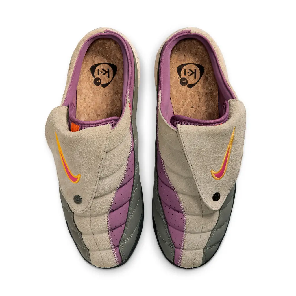 Kids of Immigrants x Nike T90 Mule Khaki midfoot detail showing University Gold and Fusion Red Swoosh and snap-on tongue closure