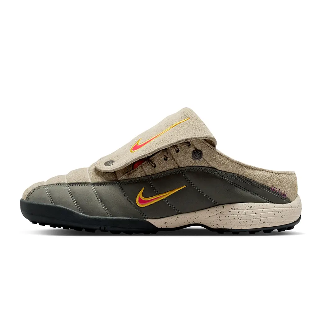 Kids of Immigrants x Nike T90 Mule Khaki lateral view showing khaki suede collar and tongue cover with olive leather side panels