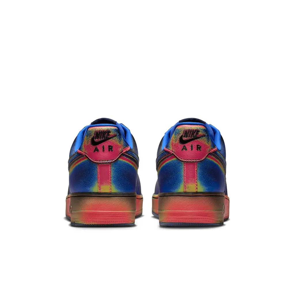 Nike Air Force 1 Low Heat Map heel view showing red and yellow heel strap and gradient midsole fade