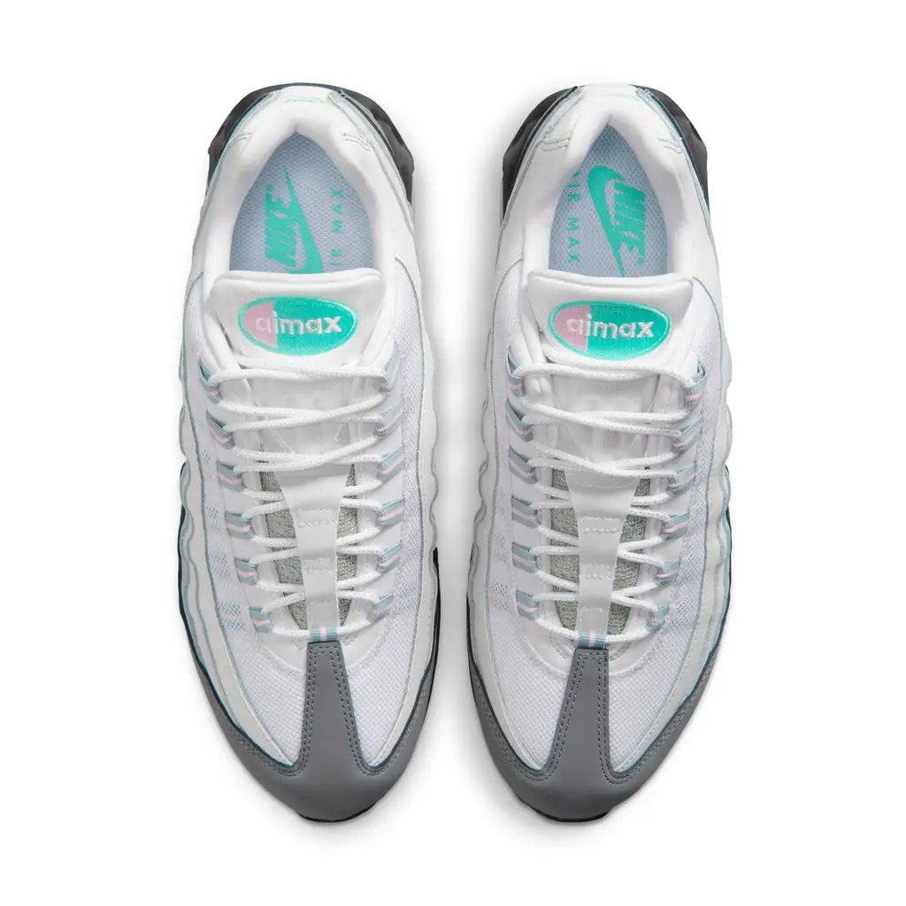 Nike Air Max 95 Big Bubble Apple Pink midfoot detail showing Hyper Turquoise tongue branding and Pink Foam accents