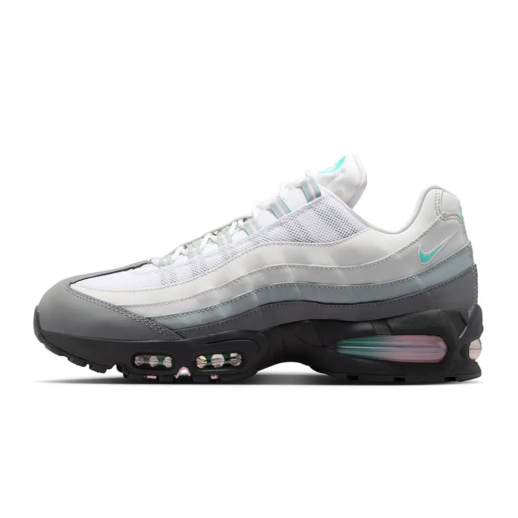Nike Air Max 95 Big Bubble Apple Pink lateral view showing layered grey panelling and Anthracite mudguard
