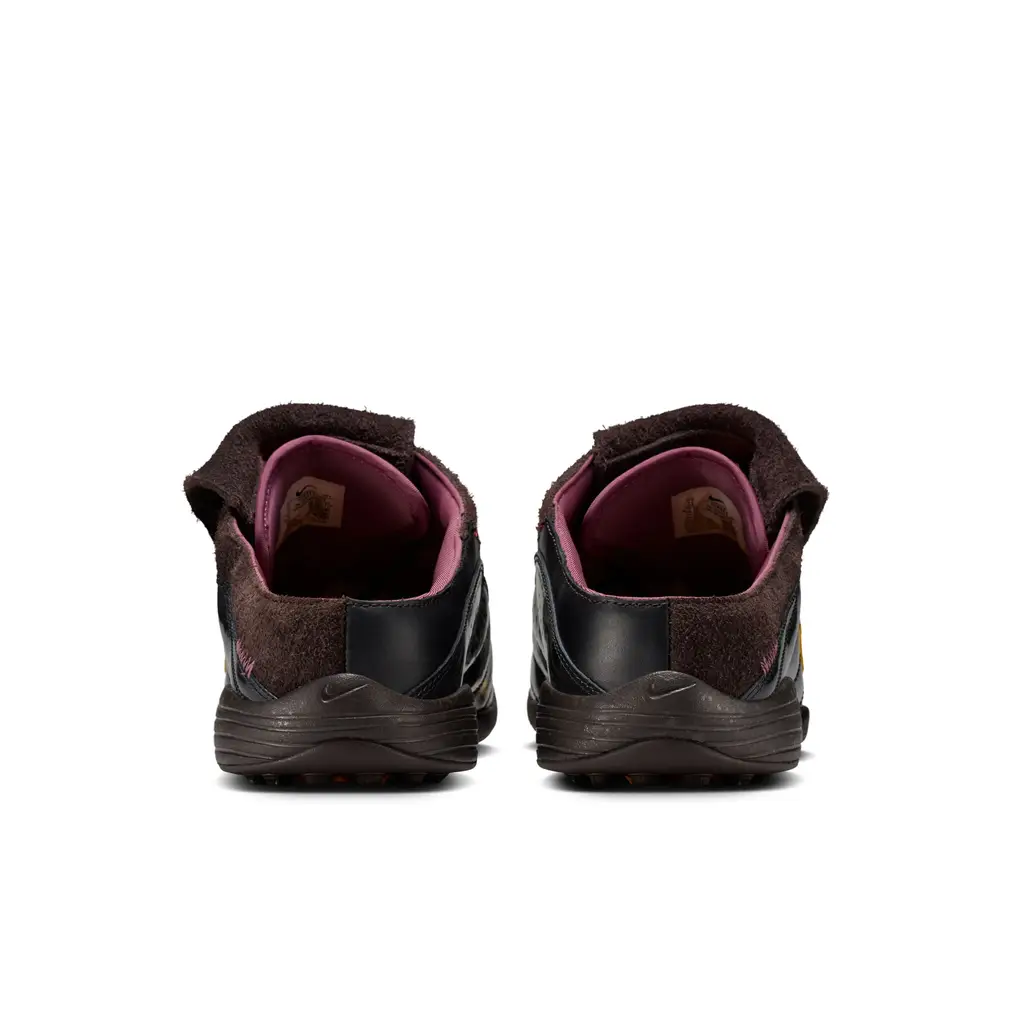 Kids of Immigrants x Nike T90 Mule Velvet Brown heel view showing dark chocolate suede and Off Noir panelling