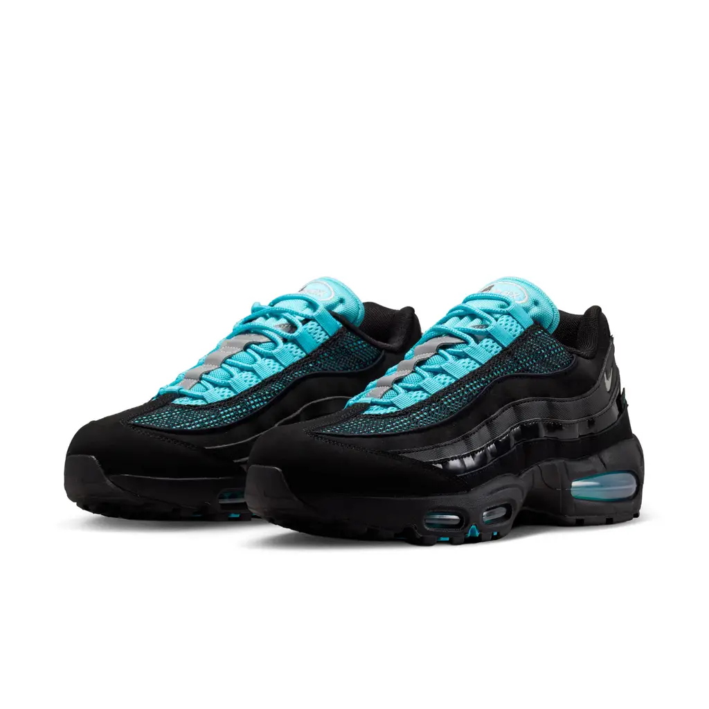 Nike Air Max 95 Big Bubble Scorpion Black IM4691-001 hero image showing tonal black upper with Gamma Blue Air bubbles and scorpion midsole graphic