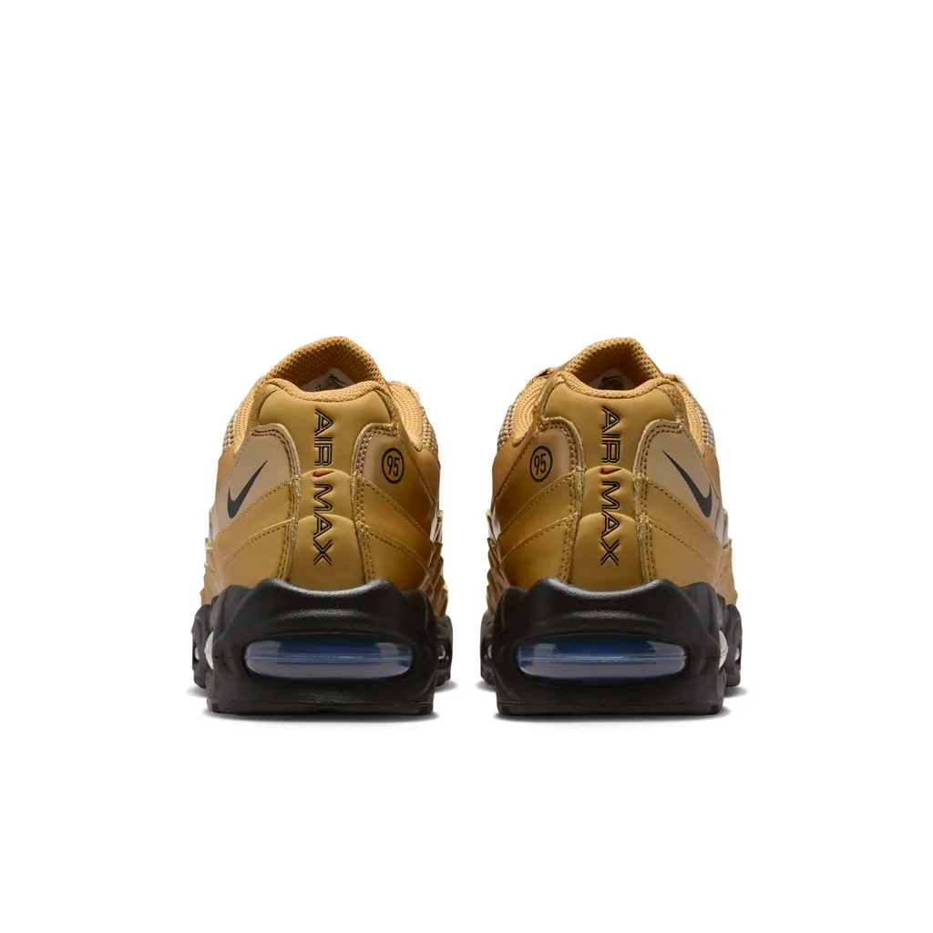 Nike Air Max 95 Total 90 Metallic Gold heel view showing Air Max text branding near the visible heel bubble