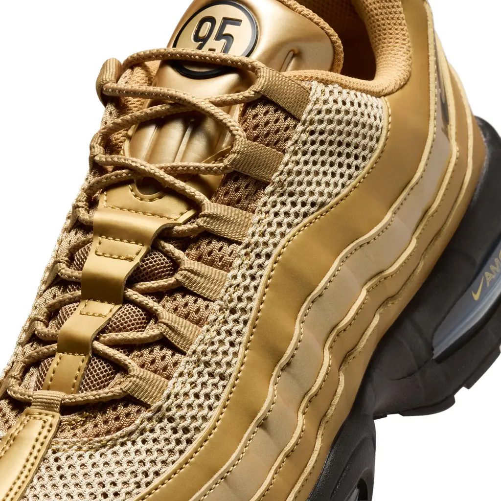 Nike Air Max 95 Total 90 Metallic Gold side profile showing layered metallic gold panels and black sole unit