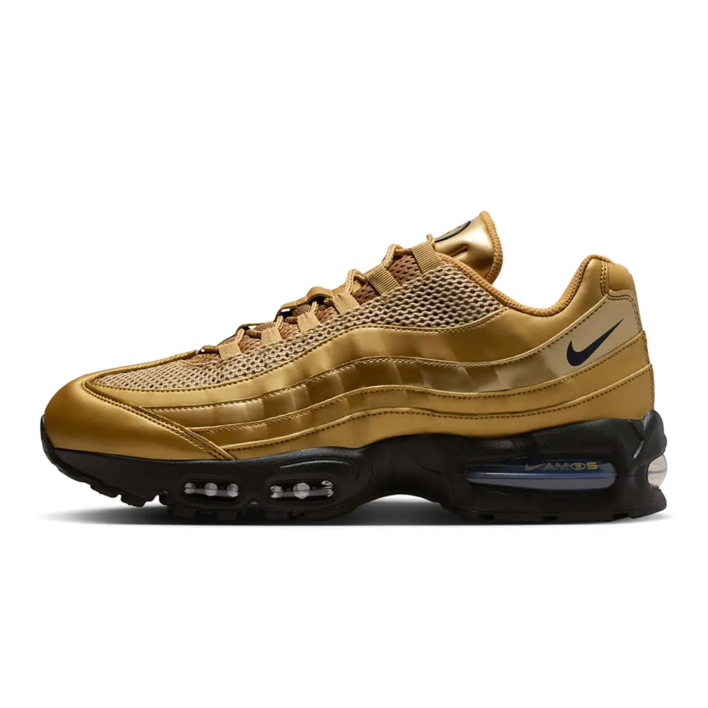 Nike Air Max 95 Total 90 Metallic Gold lateral view showing glossy metallic gold layered panels and tonal mesh underlays