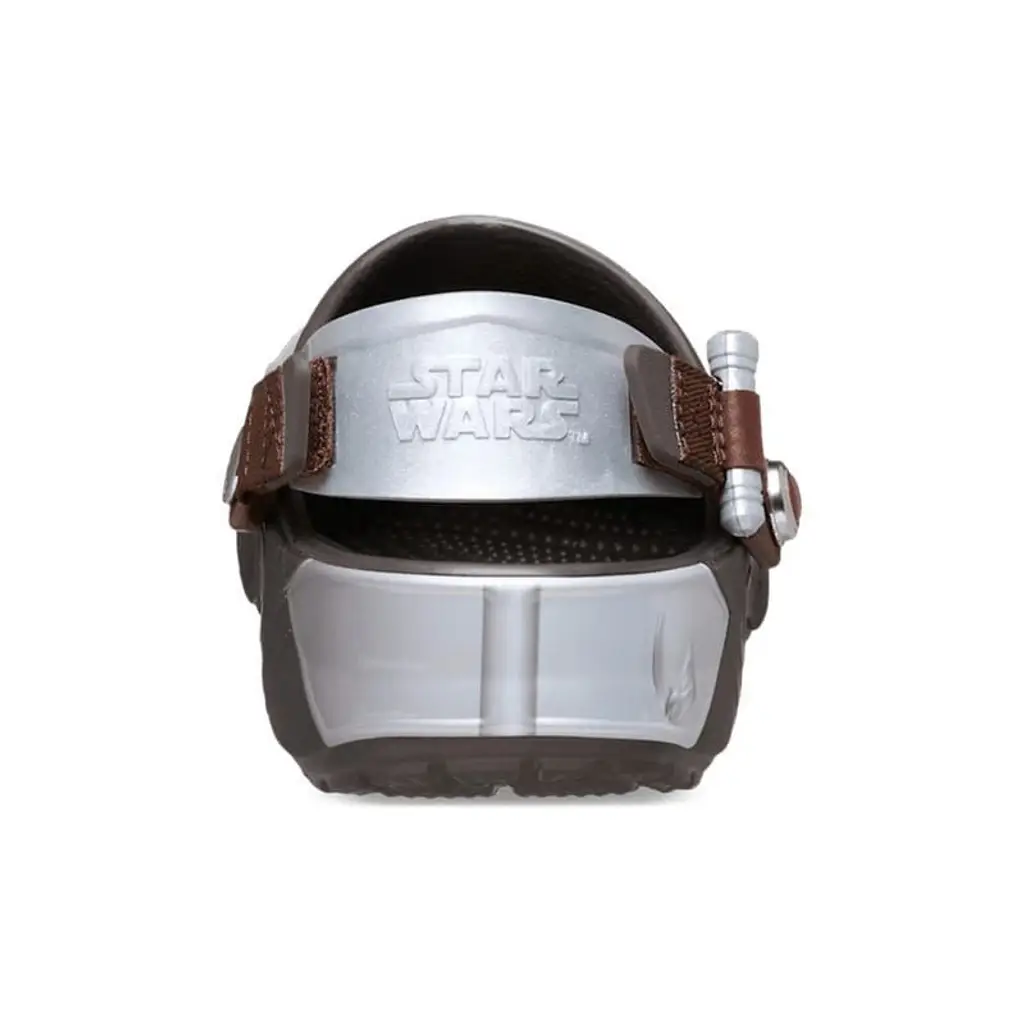 Star Wars Mandalorian x Crocs Classic Clog heel detail showing PVC Darksaber charm holstered on adjustable ankle strap