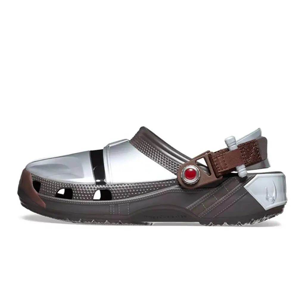Star Wars Mandalorian x Crocs Classic Clog lateral view showing sealed silver armoured upper with T-visor forefoot stamp