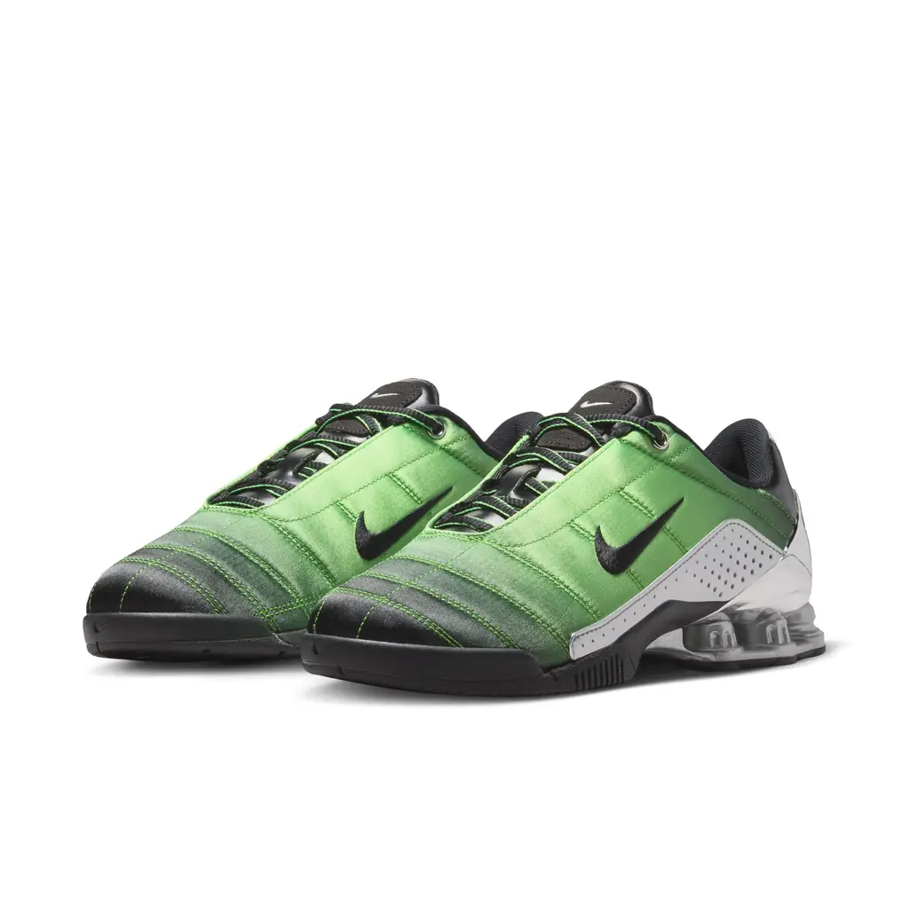 Forget-me-nots x Nike Total 90 Shox Magia Green Gusto front view showing black toe and satin green upper