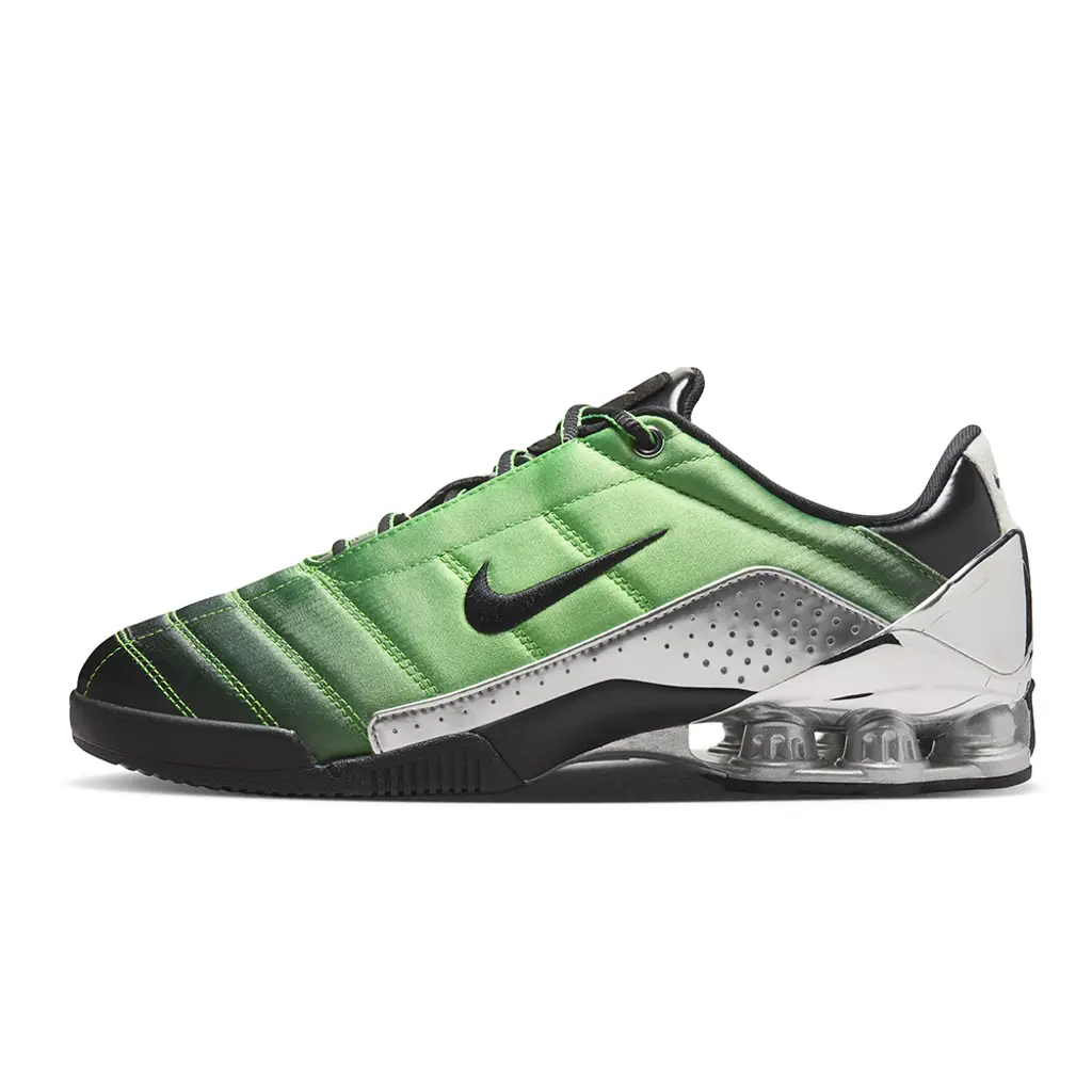 Forget-me-nots x Nike Total 90 Shox Magia Green Gusto IQ5683-300 lateral view showing satin green gradient upper with chrome silver detailing