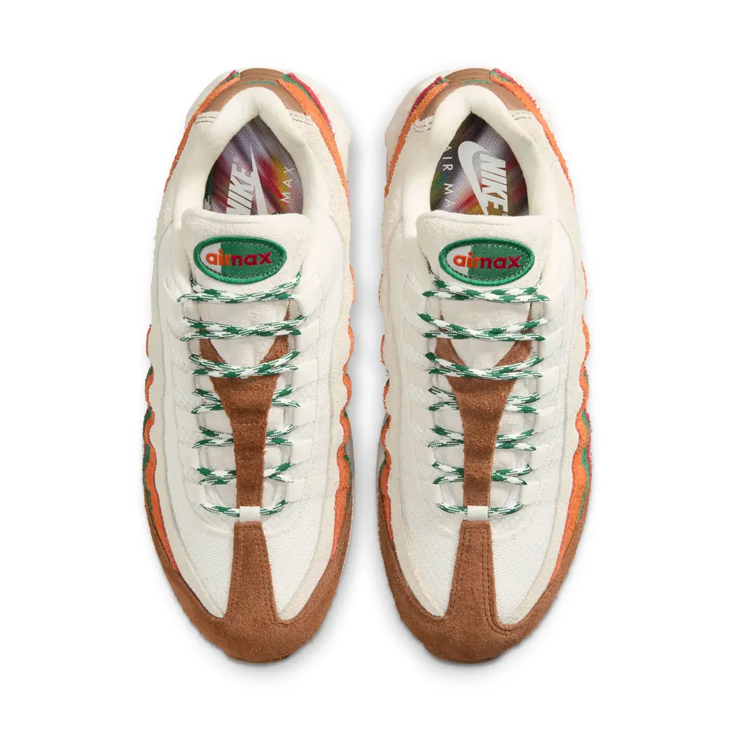 Nike Air Max 95 7-Eleven top view showing multicolour Air Max tongue logo and white and Sport Green rope laces