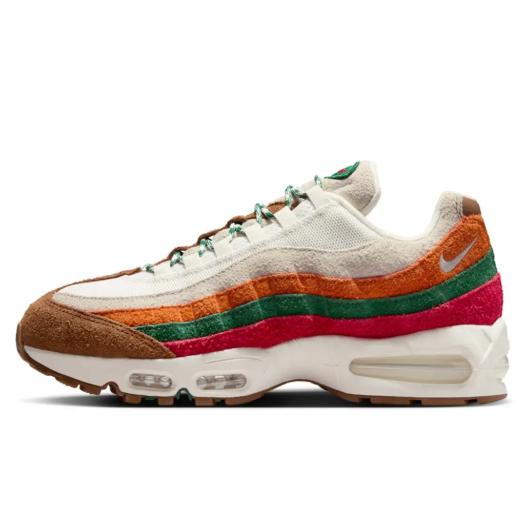 Nike Air Max 95 7-Eleven lateral view showing hairy suede side panels with red green and orange striping