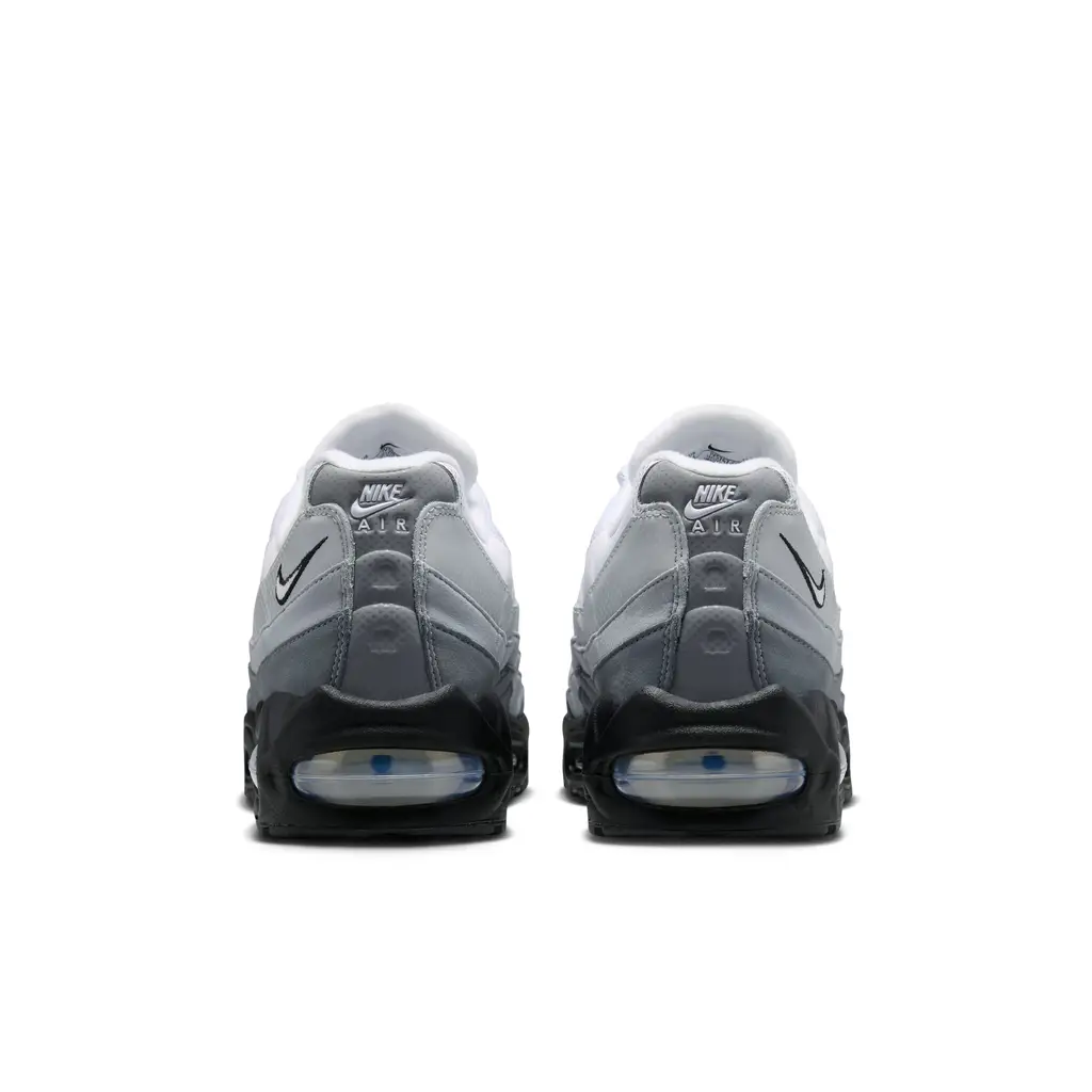 Nike Air Max 95 Black Pure Platinum Grey heel view showing dot gradient spine detail and Big Bubble Air unit