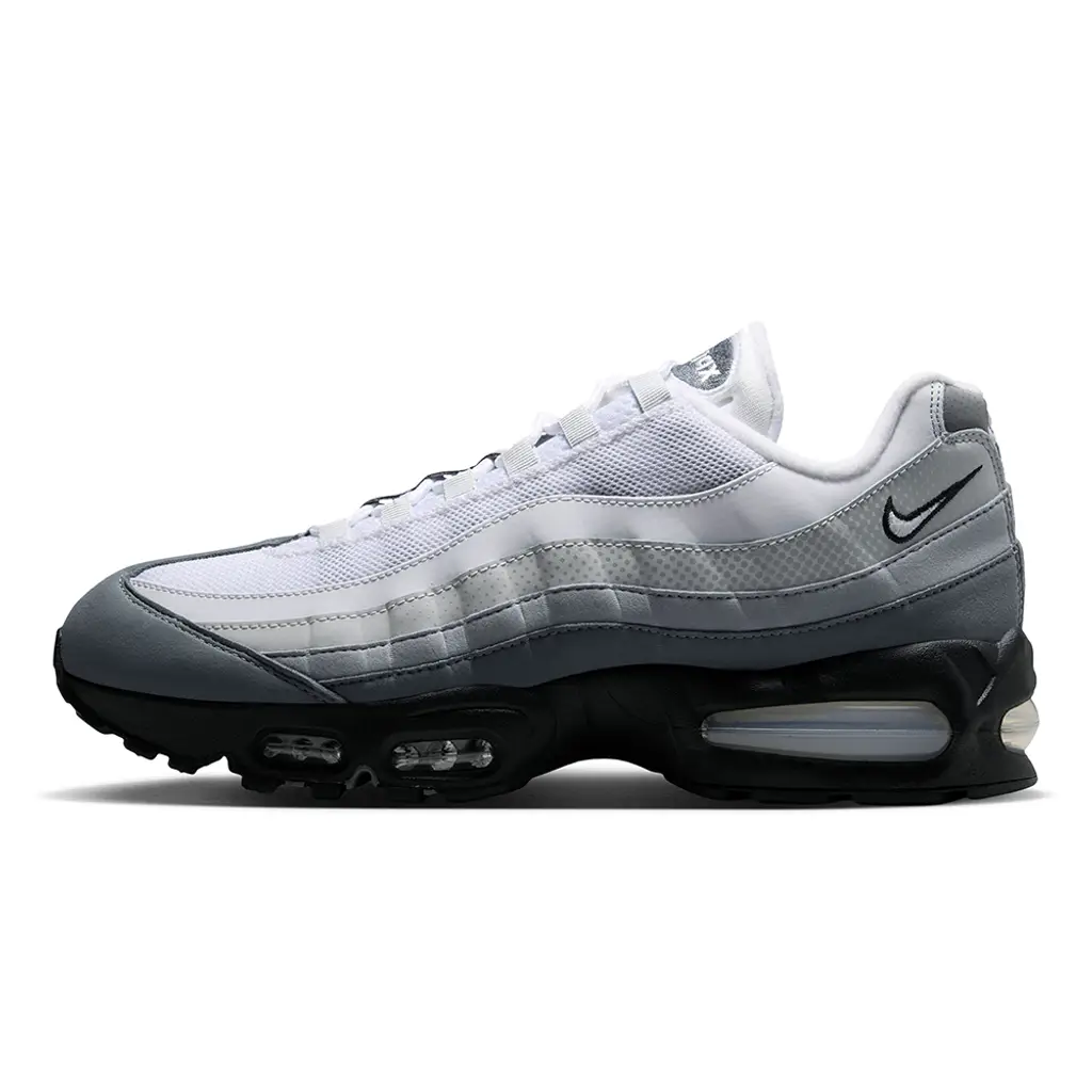 Nike Air Max 95 Black Pure Platinum Grey lateral view showing tonal gradient side panels and dot detail