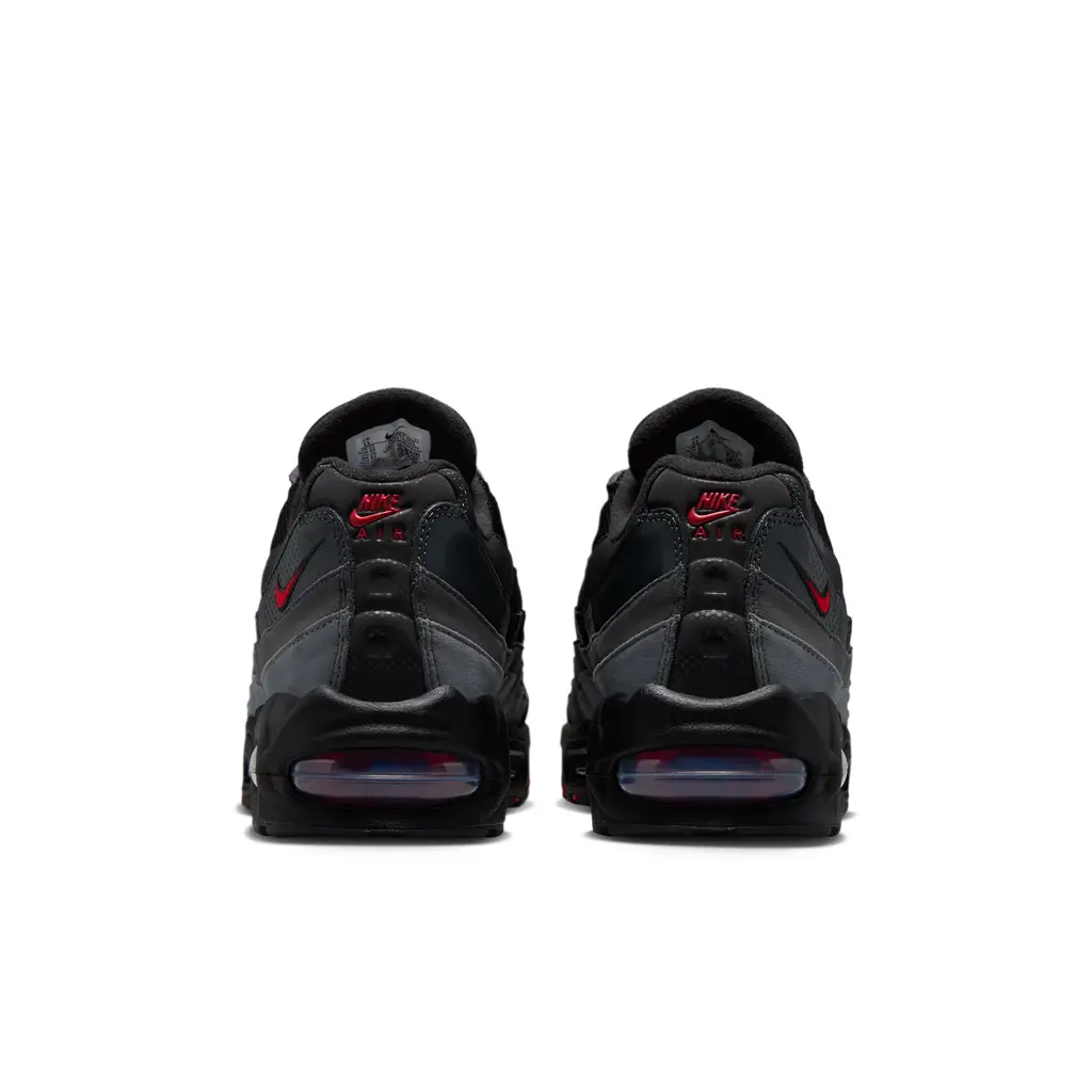 Nike Air Max 95 Black Red Anthracite heel detail showing dotted overlay pattern and red mini Swoosh