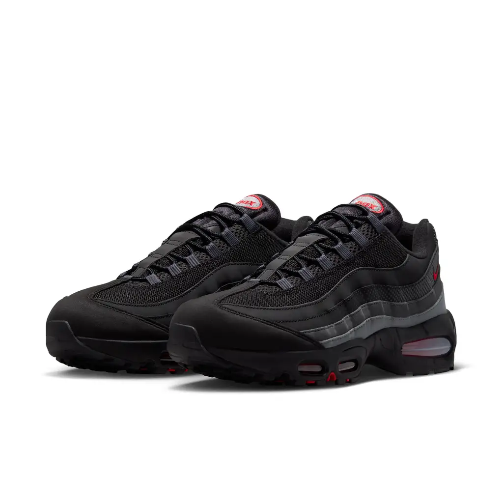 Nike Air Max 95 Black Red Anthracite IV5767-001 hero image showing black mesh and suede upper with layered dark grey side panels and University Red Air units