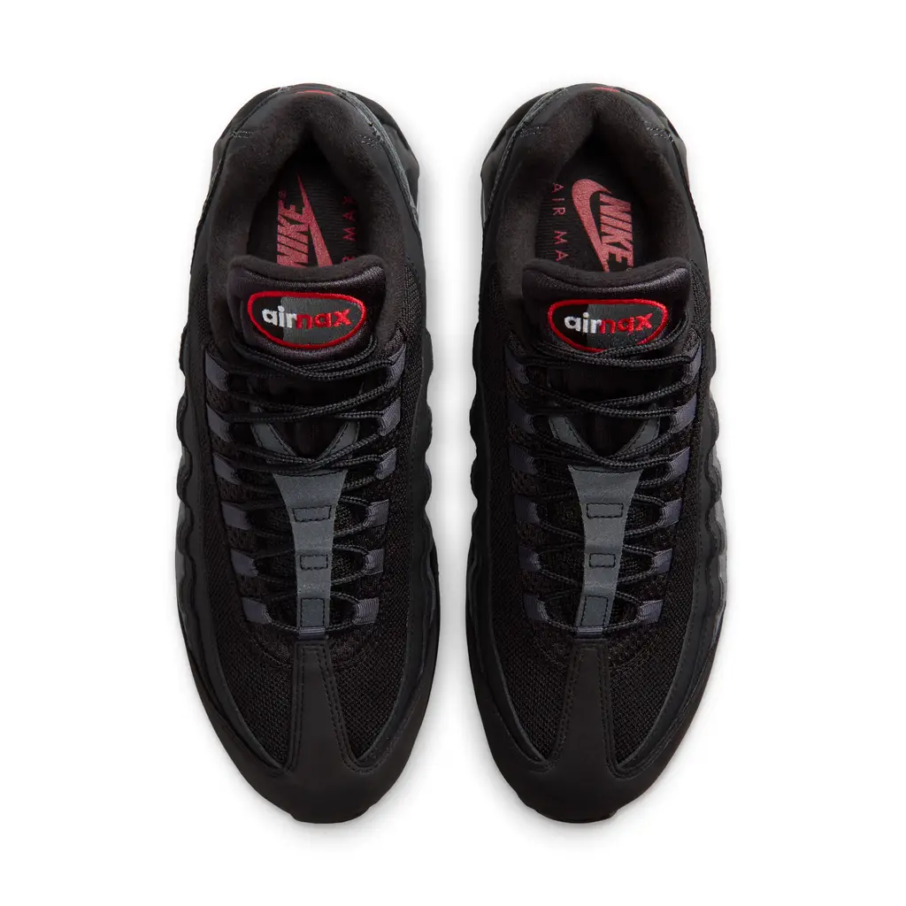 Nike Air Max 95 Black Red Anthracite top view showing grey lace loops and University Red tongue badge