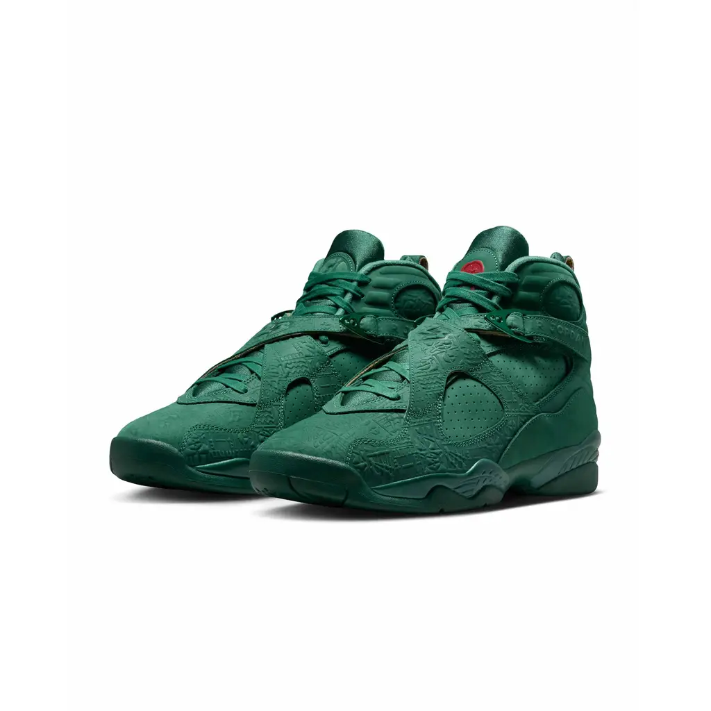 Air Jordan 8 Bin 23 IO2053-300 hero image showing Legion Pine embossed tonal pattern perforated nubuck panels and textured cross-strap detailing