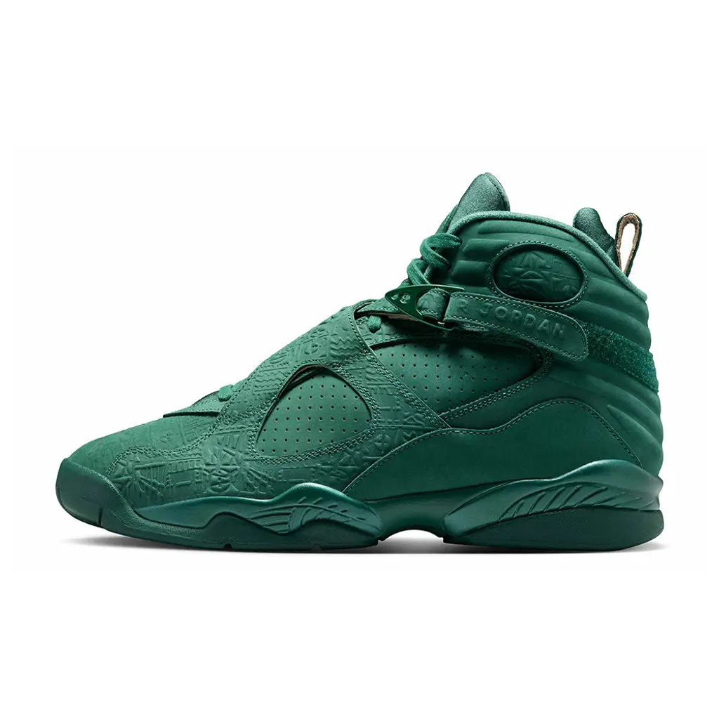 Air Jordan 8 Bin 23 lateral view showing Legion Pine embossed pattern and cross-strap detailing
