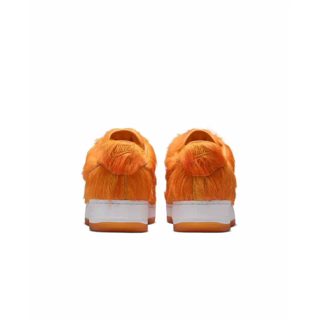 Nike Air Force 1 Low Orange Pony Hair heel view showing pony hair heel panel construction