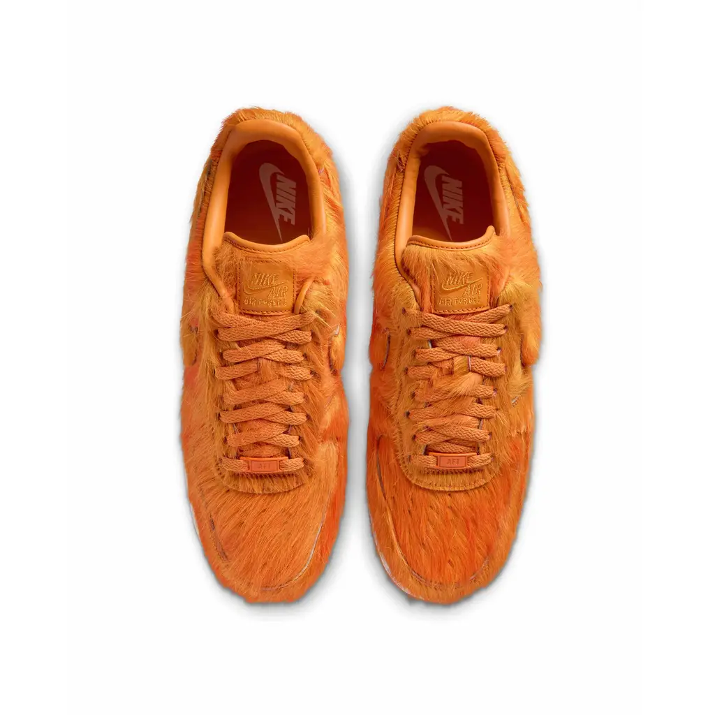 Nike Air Force 1 Low Orange Pony Hair top view showing orange laces and pony hair eyestays