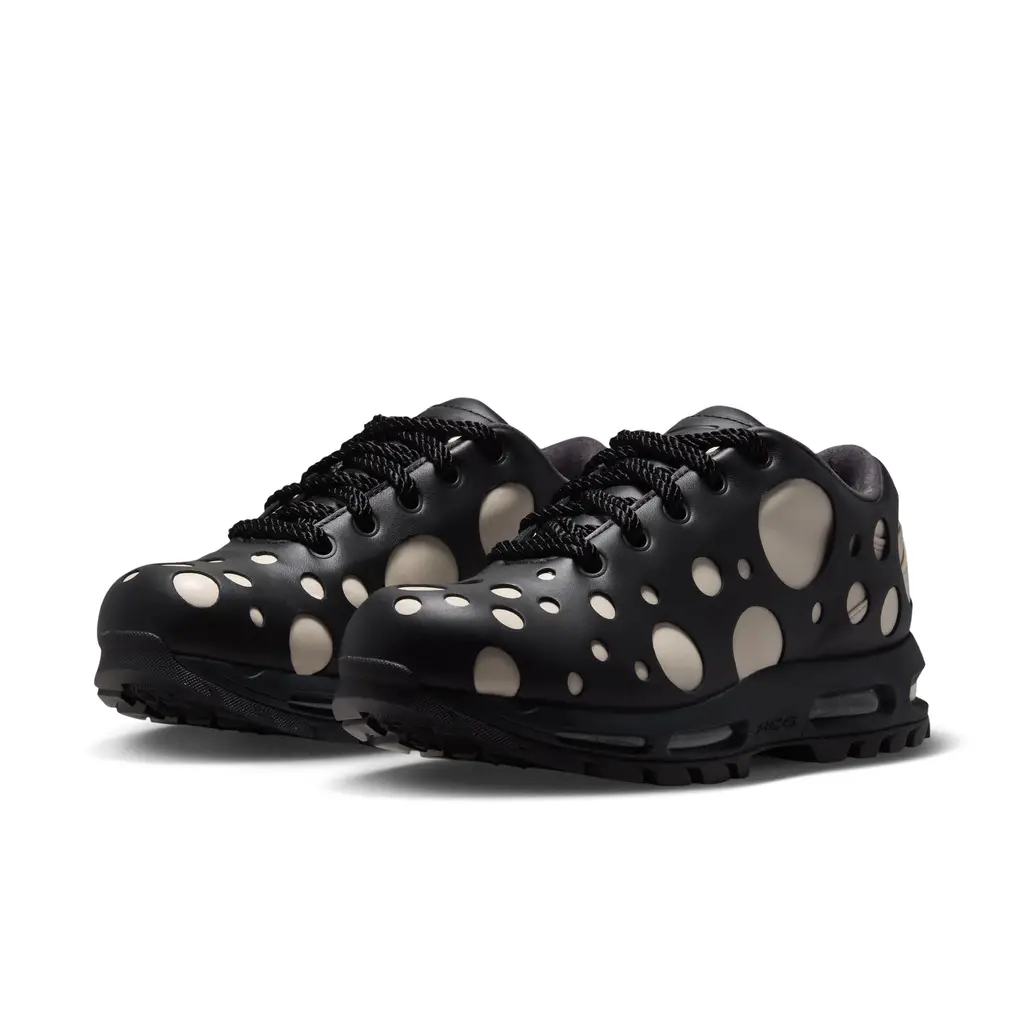 Nike Air Max Goadome Low Polka Dot Orewood IR2174-001 hero image showing Light Orewood Brown leather shell with circular cut-outs revealing black underlay and rope laces