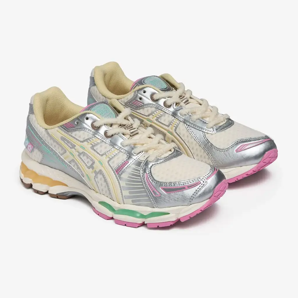 VandyThePink x ASICS GEL-Kayano 12.1 Antique Multi 1203B302-100 hero image showing French vanilla mesh upper silver metallic overlays and Neapolitan midsole