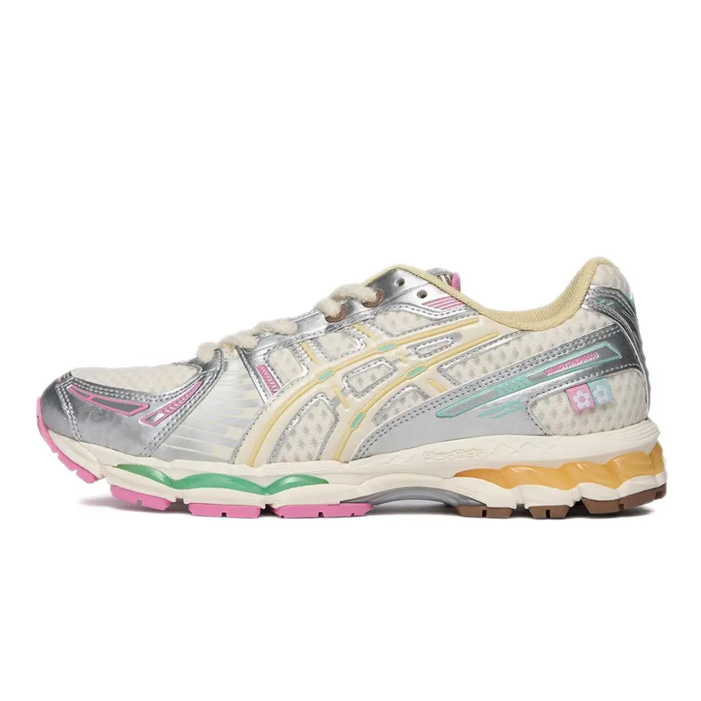 VandyThePink x ASICS GEL-Kayano 12.1 Antique Multi lateral view showing waffle cone triangular mesh and Neapolitan midsole