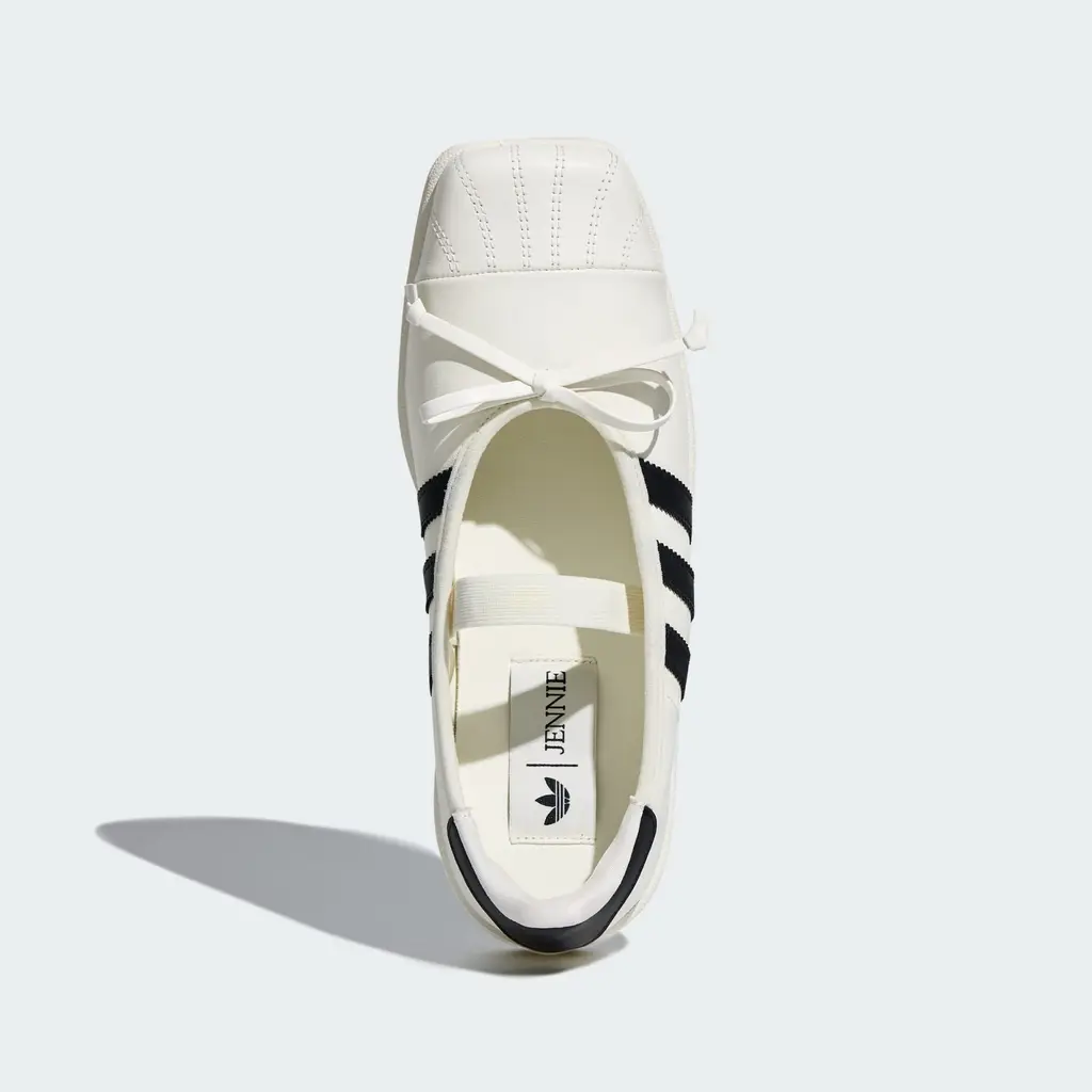 JENNIE x adidas Superstar Square Ballet White top view showing elastic midfoot strap and leather ribbon detail