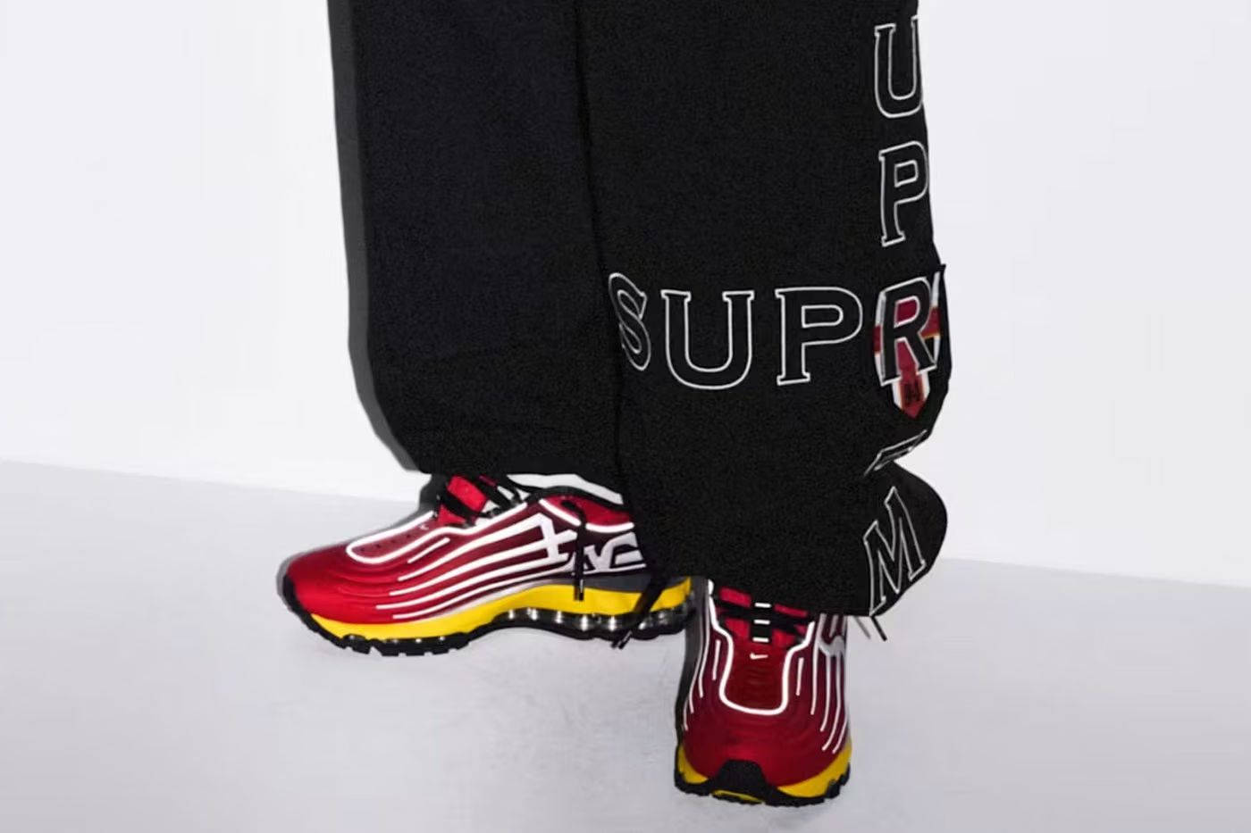 Supreme x Nike Air Max 2001 Ecstasy Red on foot
