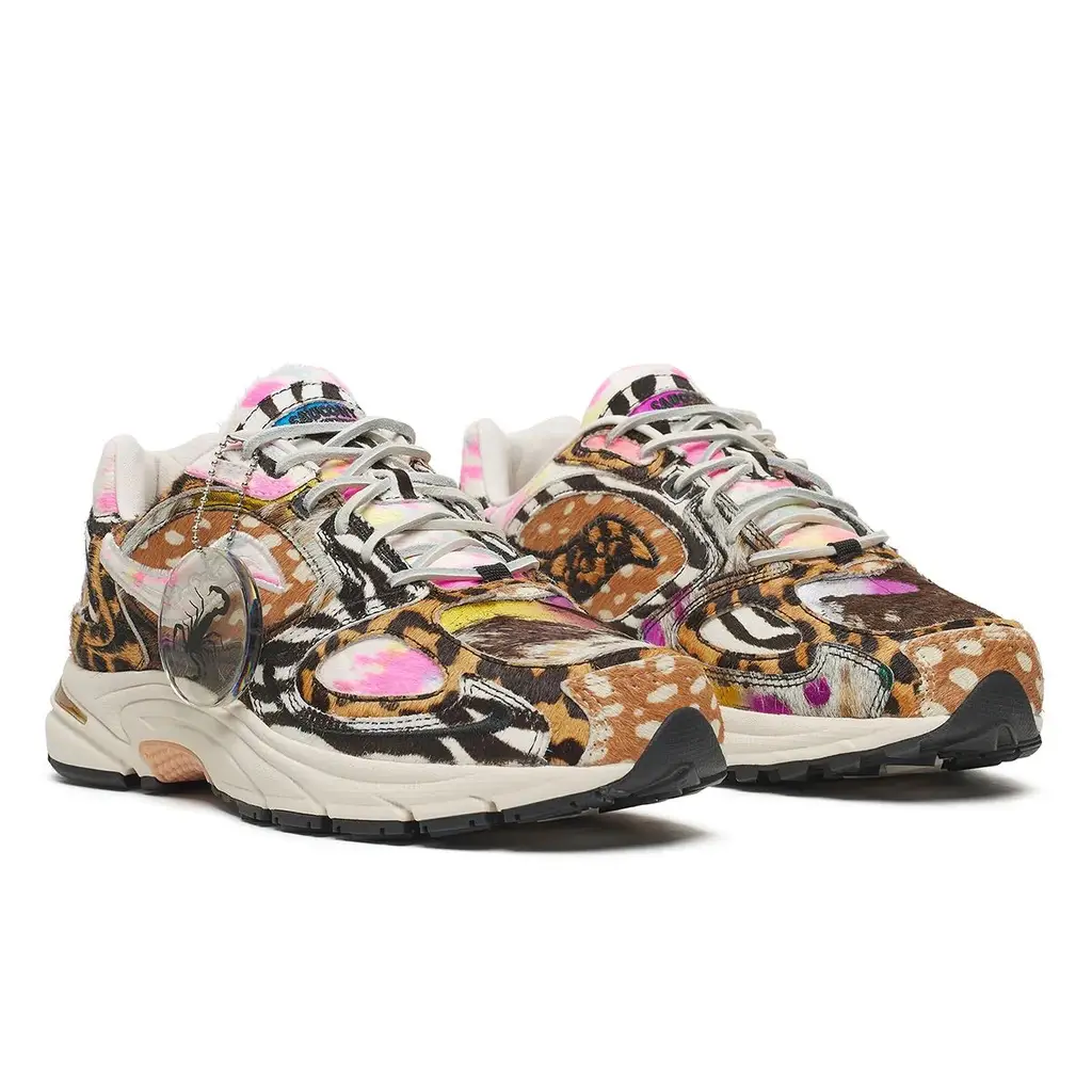 Westside Gunn x Saucony Grid Jazz 9 Awesome God S71047-5 hero image showing multi-tone pony hair animal print upper amber Grid midsole and scorpion heel embroidery