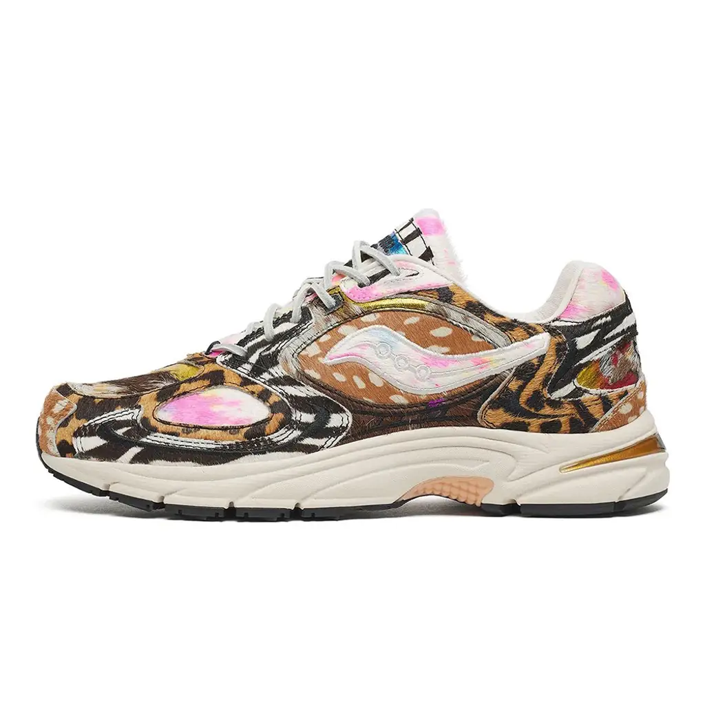 Westside Gunn x Saucony Grid Jazz 9 Awesome God lateral view showing mixed animal print pony hair paneling and iridescent toe box