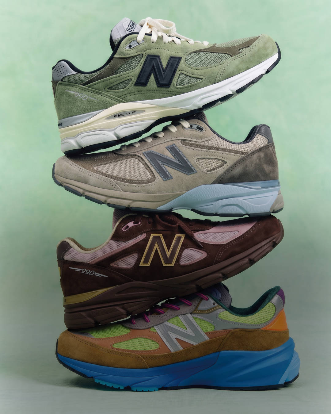 new balance 990 colourways stacked ont top of eachother