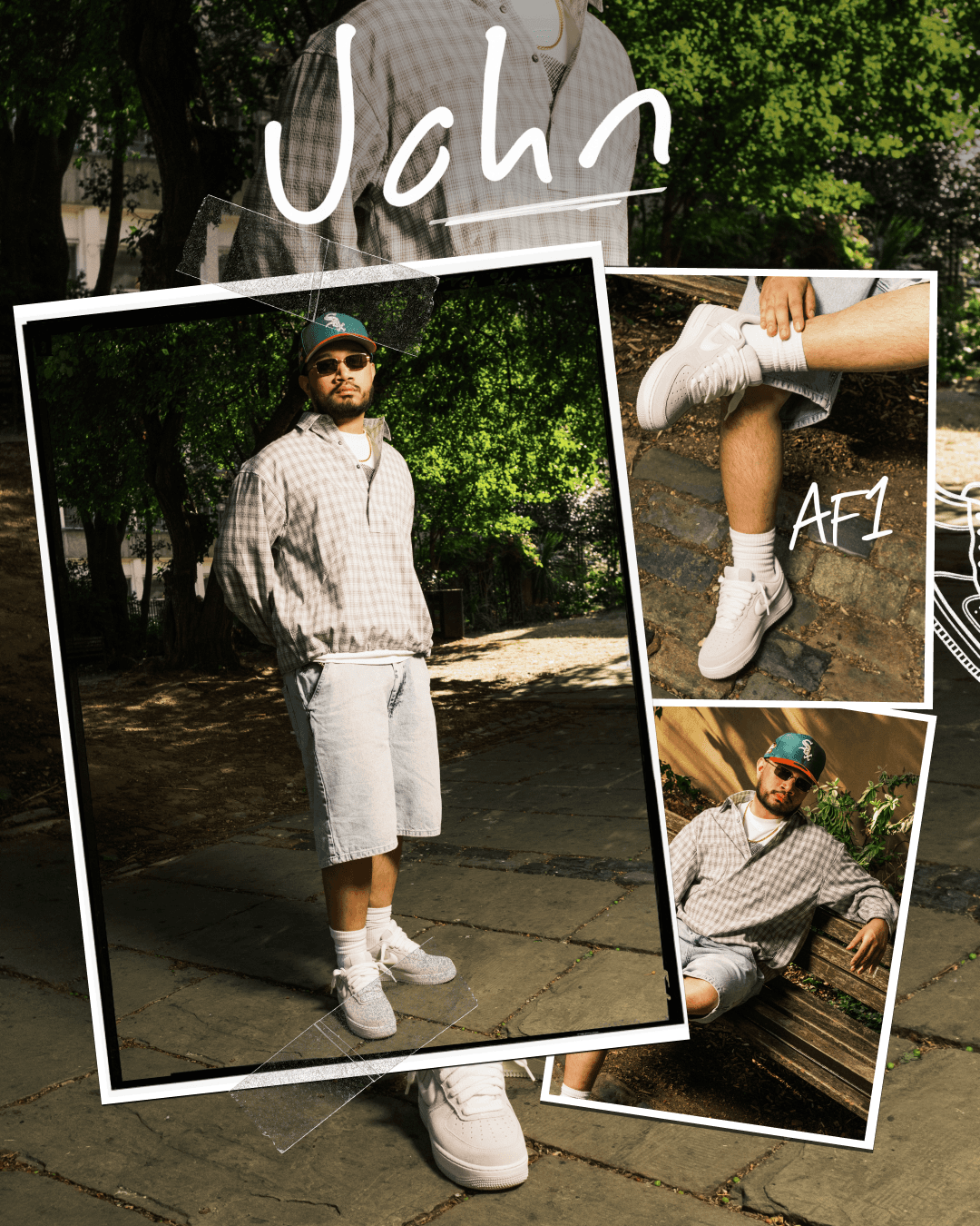 editorial sitting down pose streetwear park bench styling air force 1