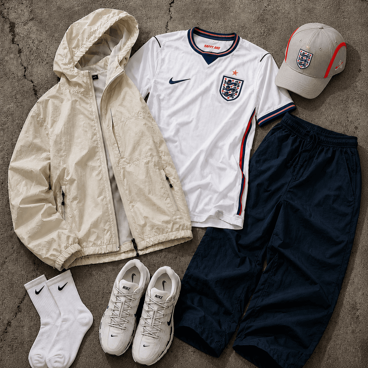 england kit outfit for pub garden weather flatlay