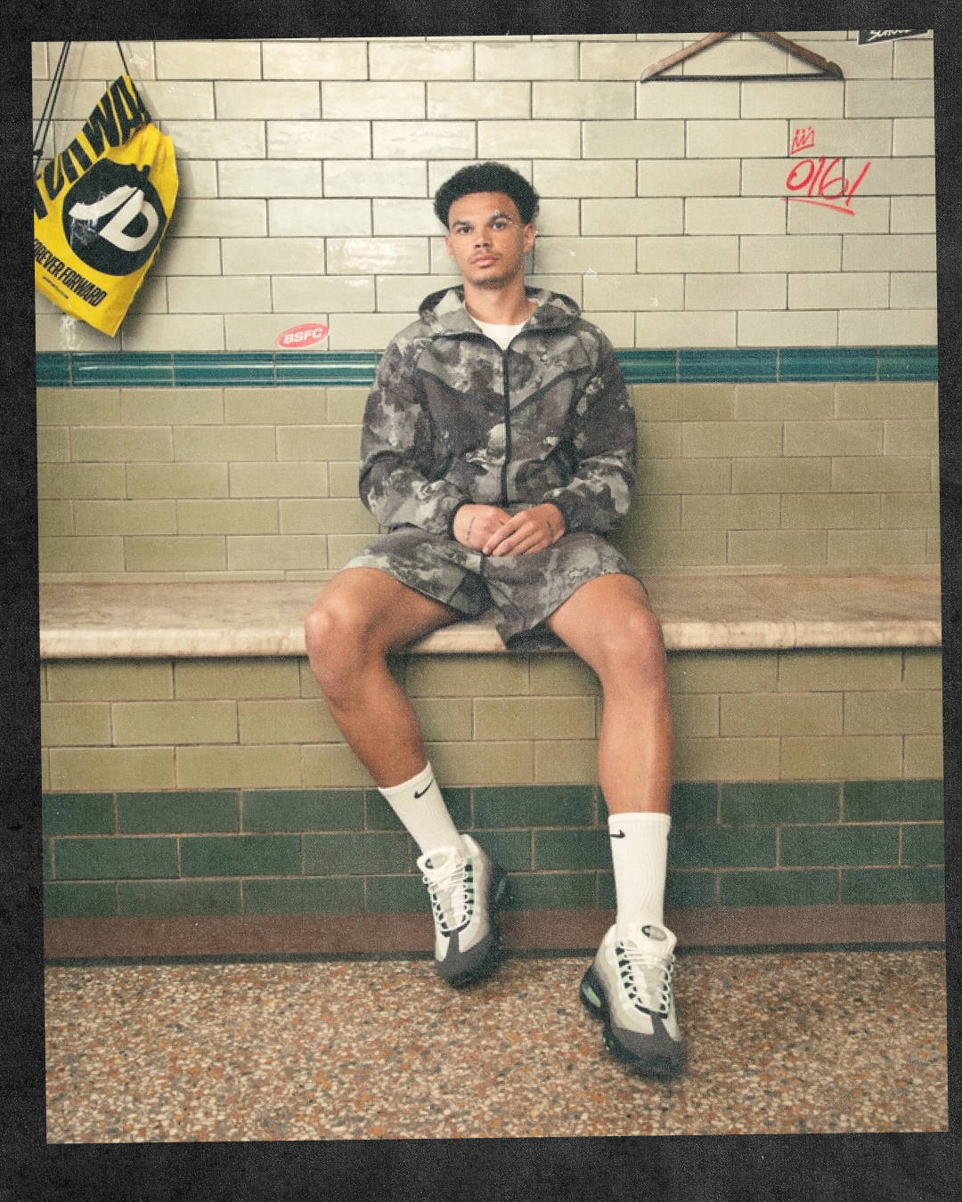 Nico O'Reilly wearing the nike air max 95 fresh mint in a changing room