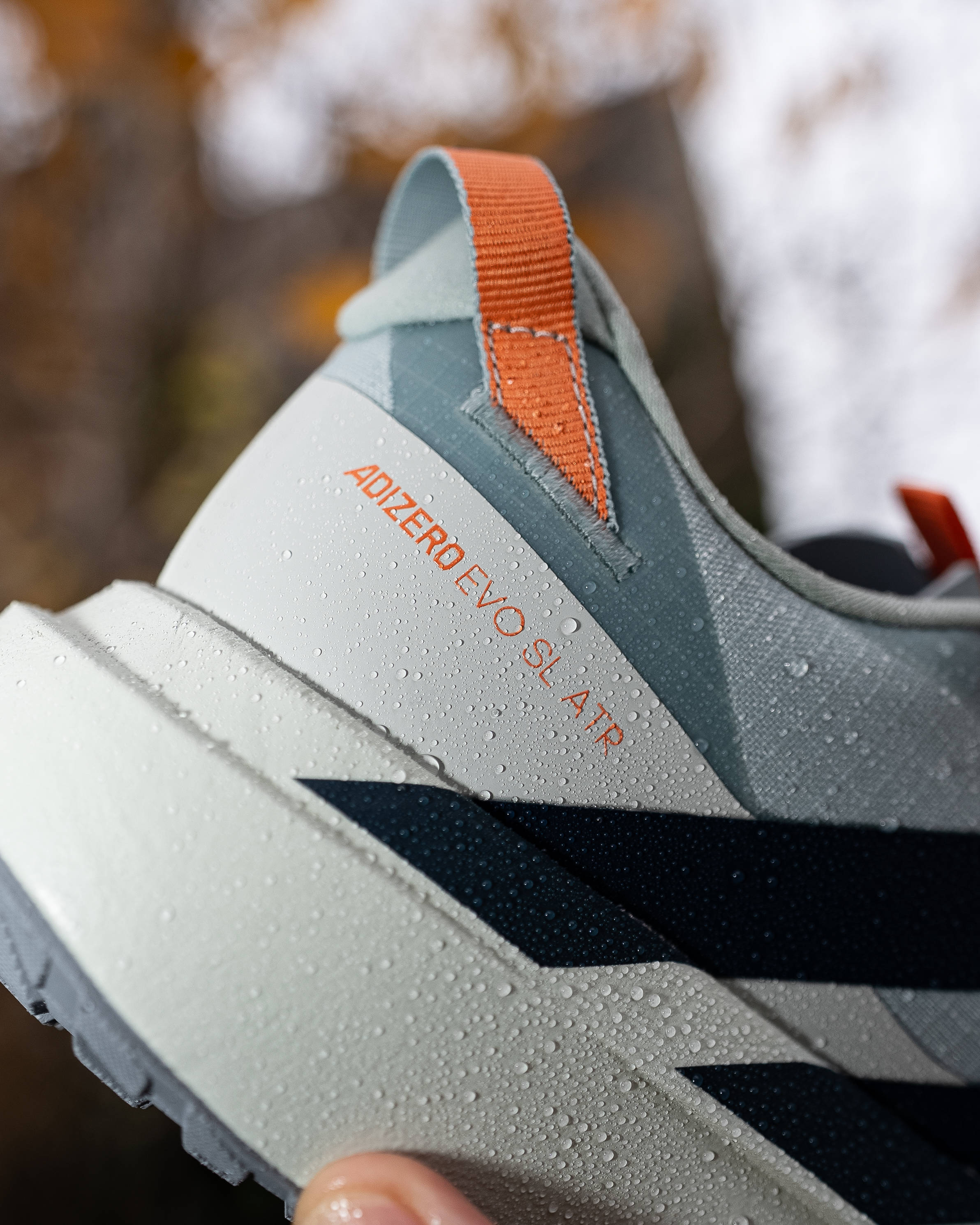 adidas adizero evo sl close up heel shot with water droplets