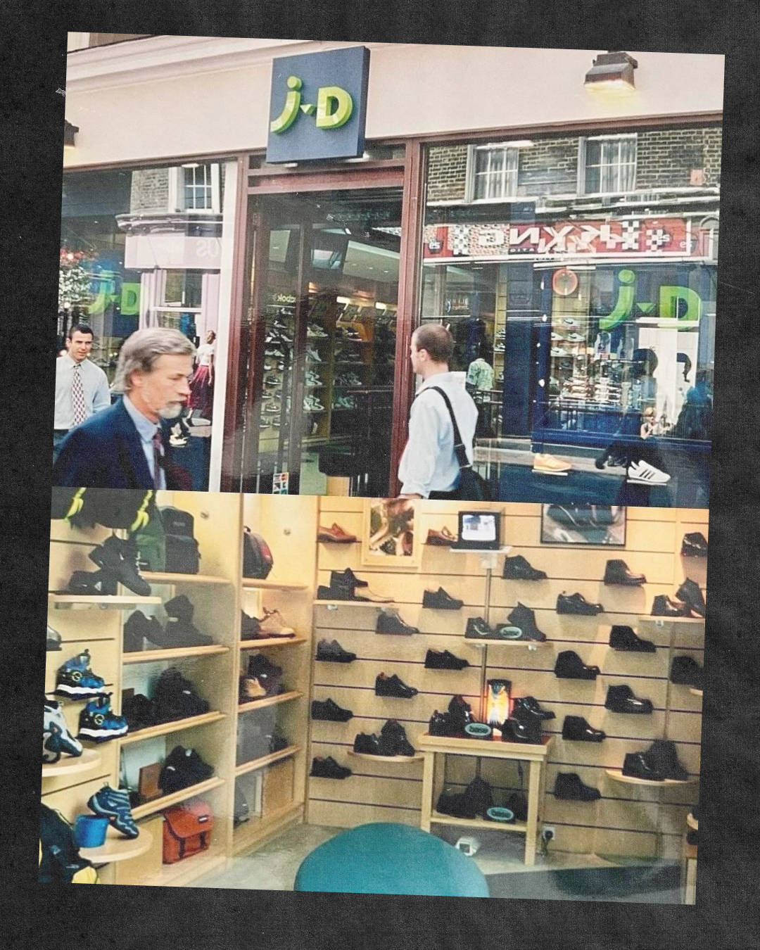 uk footwear shelves in the 90s at j-D retailer 90s outside shopfront image