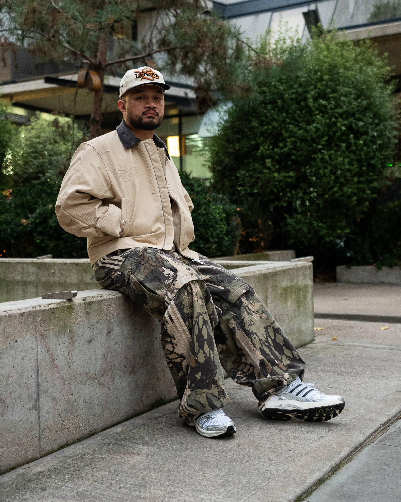 adidas Adistar Control 5 Silver Metallic worn with adidas camoflague trousers and adidas workwear jacket editorial style shoot